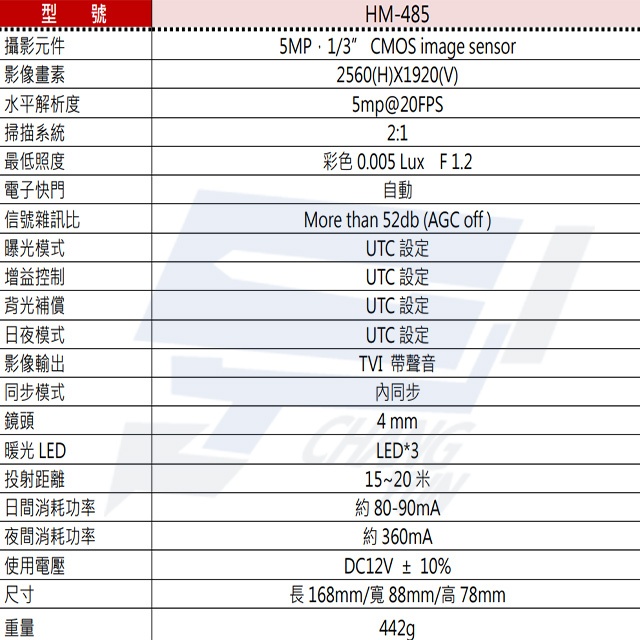 昌運監視器 環名HME HM-485 500萬 TVI 同軸音頻白光槍型攝影機 距離可15-20M, , large