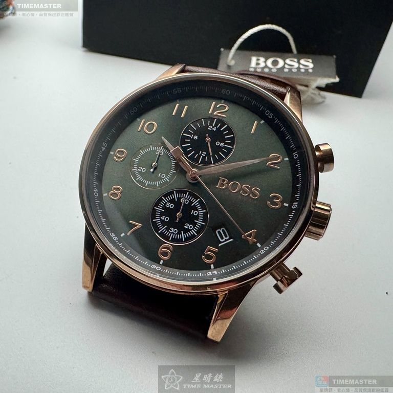 [星晴錶業]BOSS手錶,44mm,HB1513496黑色錶面玫瑰金錶殼咖啡色真皮皮革錶帶款, , large