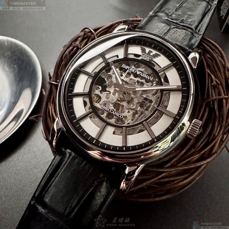 [星晴錶業]ARMANI手錶,44mm,AR00073機械鏤空錶面銀錶殼深黑色真皮皮革錶帶款, , large