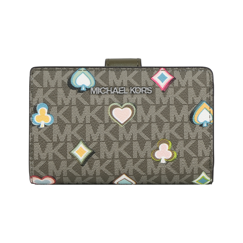 Michael Kors Jet Set 撲克牌花色塗層帆布釦式中夾(橄欖綠), , large