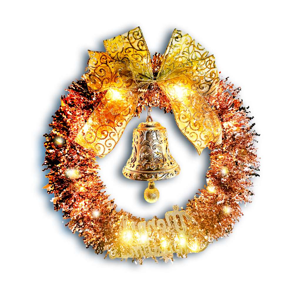 摩達客14吋優雅香檳玫金系金蔥彎絲聖誕花圈+20燈LED暖白光燈串_本島免運費, , large