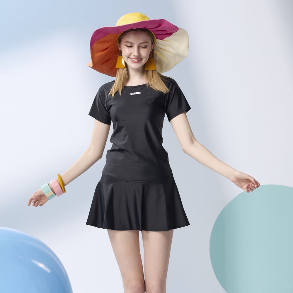 Monina Taiwan-made short-sleeved skirt and pants two-piece swimsuit pure black, , large