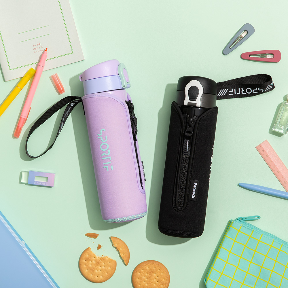 【日本孔雀Peacock】戶外運動 鎖扣式彈蓋 不鏽鋼 保冷保溫杯500ML(附拉鍊手提杯套)-任選色, , large