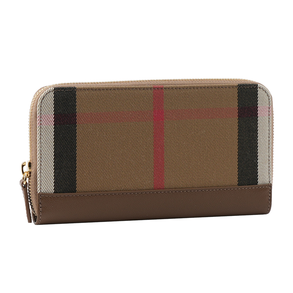 BURBERRY 格紋拼皮革ㄇ型拉鍊長夾/土棕色, , large