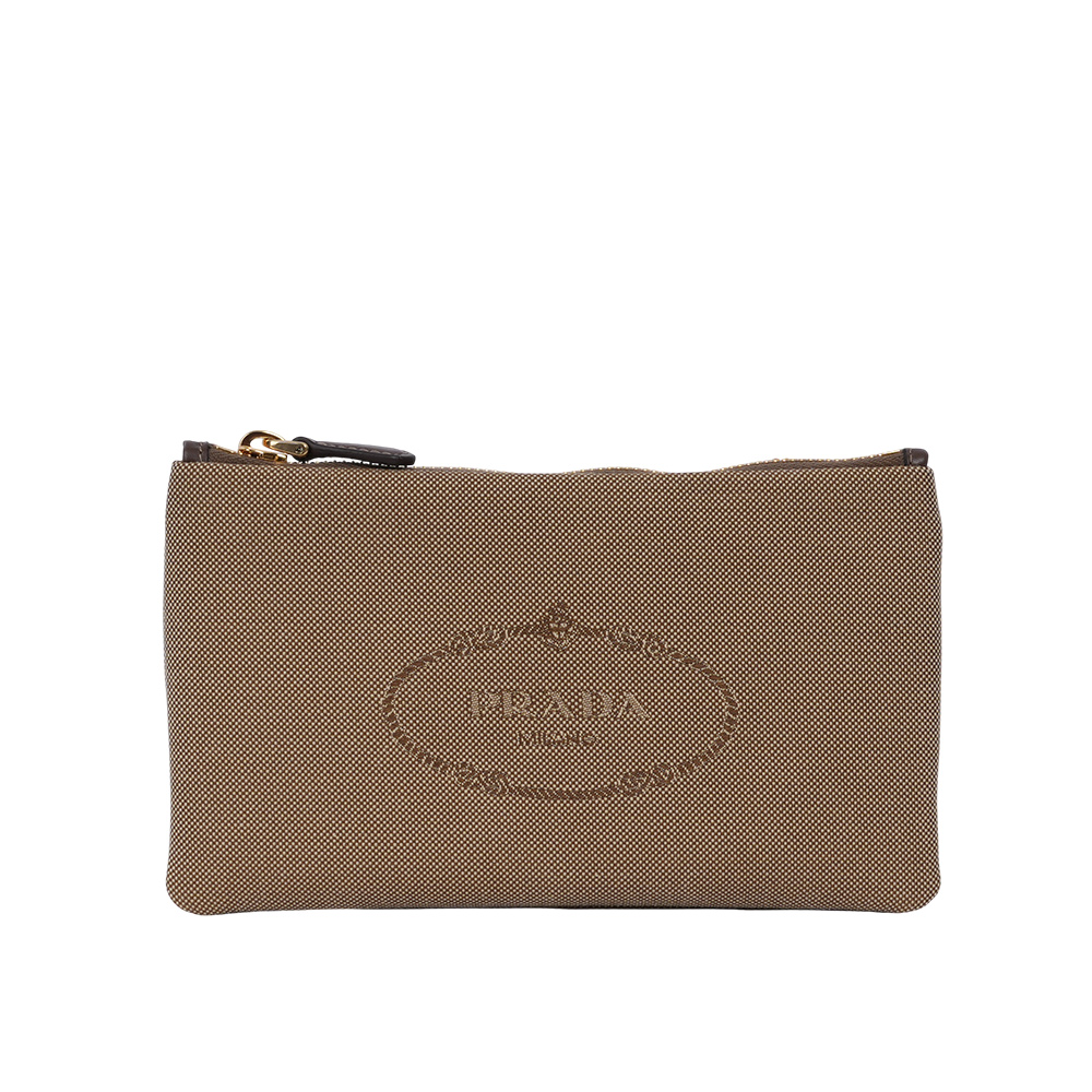 PRADA Logo 標誌緹花布及皮革萬用包/手拿包/卡其色, , large
