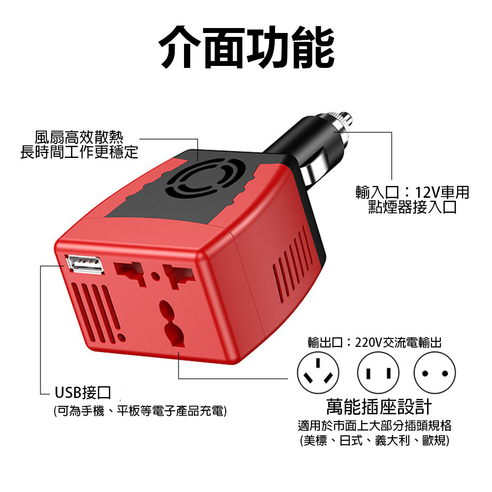 車用插座150W變壓器12v轉110v-USB2.1紅邊, , large