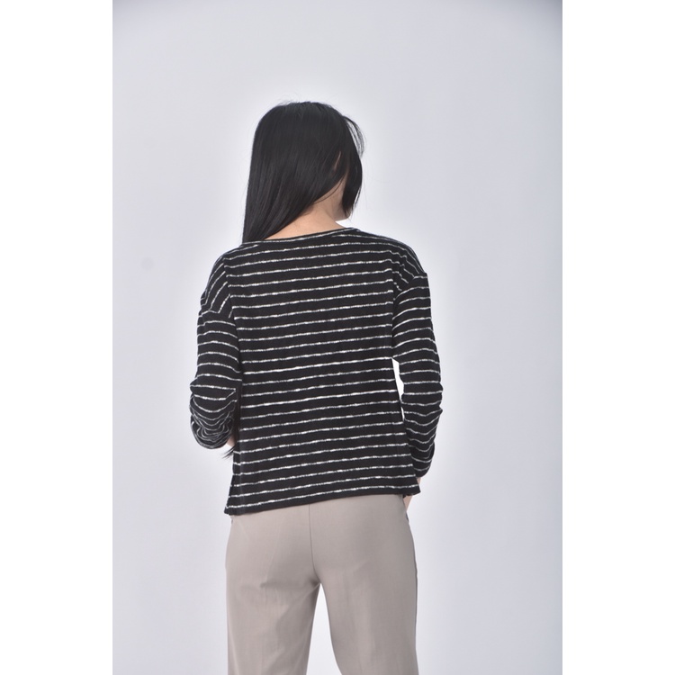 (L) t parts質感棉質條紋黑色長袖上衣二手衣, , large