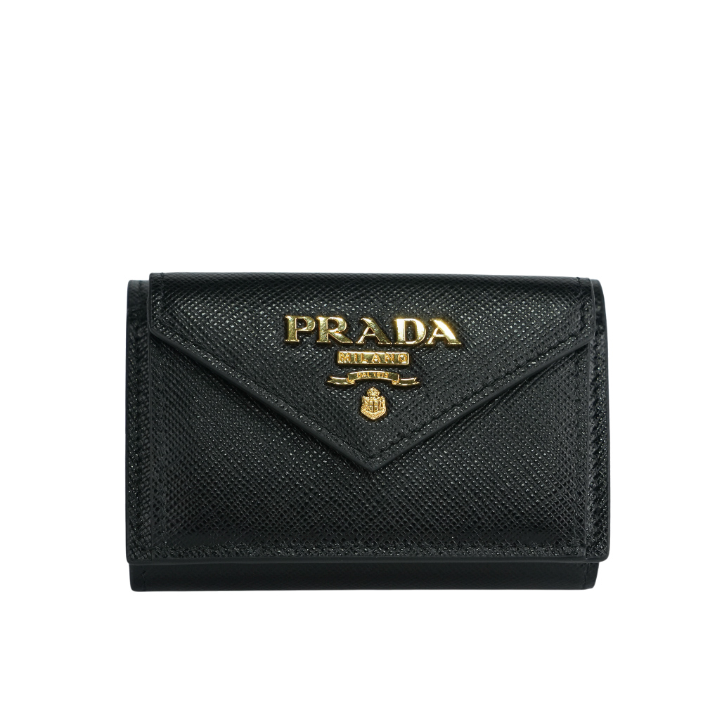 PRADA 浮雕Logo防刮皮革信封造型迷你三折短夾/黑色, , large