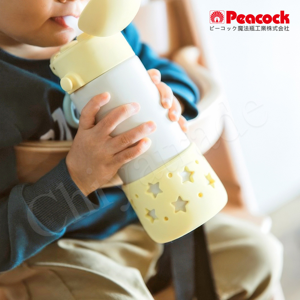 【日本孔雀Peacock】耐衝擊底座  背帶式 一鍵彈開吸管杯 兒童不鏽鋼保溫杯水壺400ML-星光灰, 星光灰, large