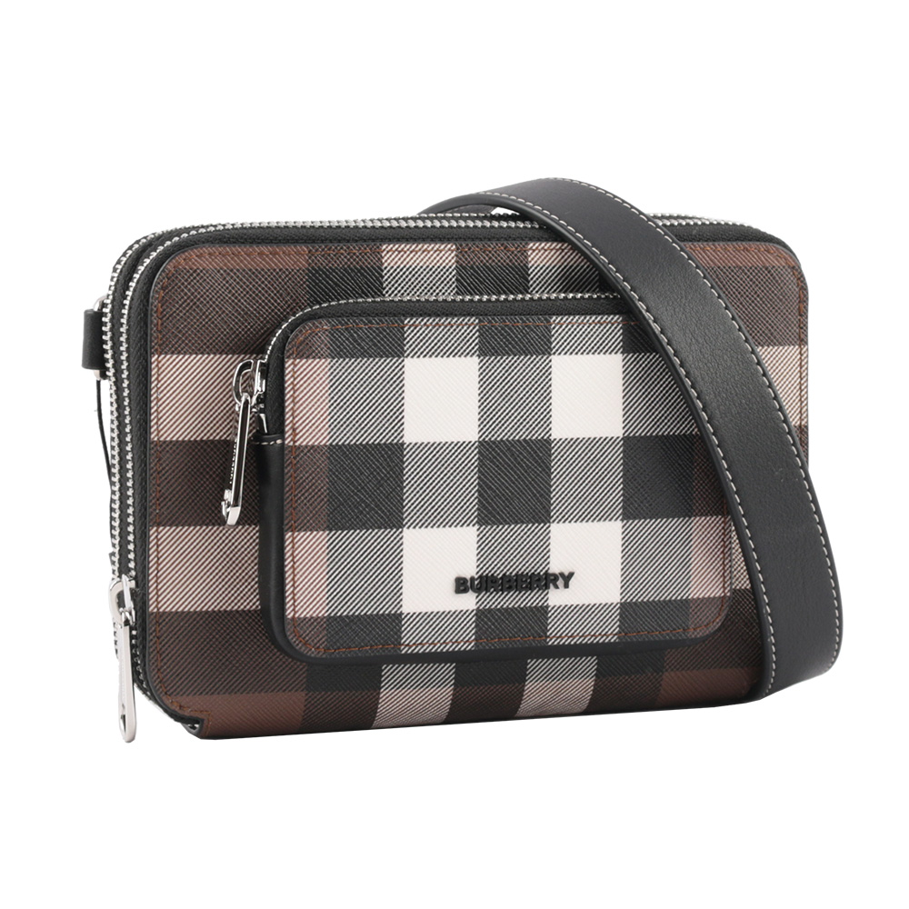 BURBERRY 塗層帆布格紋口袋拉鍊扁形斜背包/暗樺木棕色, , large