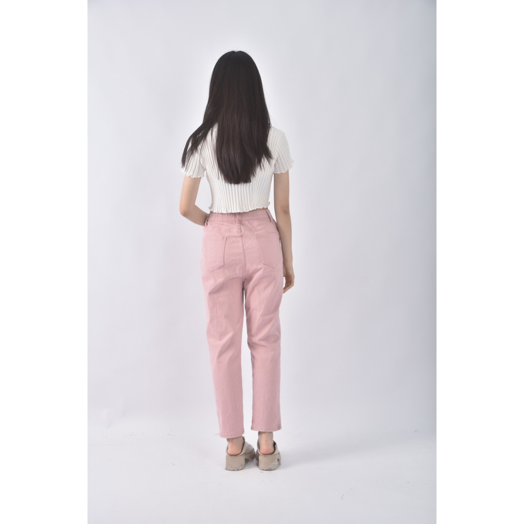 (M) 高腰質感丹寧牛仔粉色長褲二手衣, , large