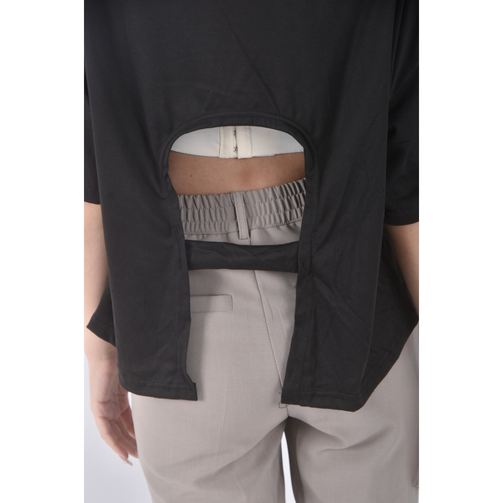 (XL) 質感露背黑色短袖上衣二手衣, , large