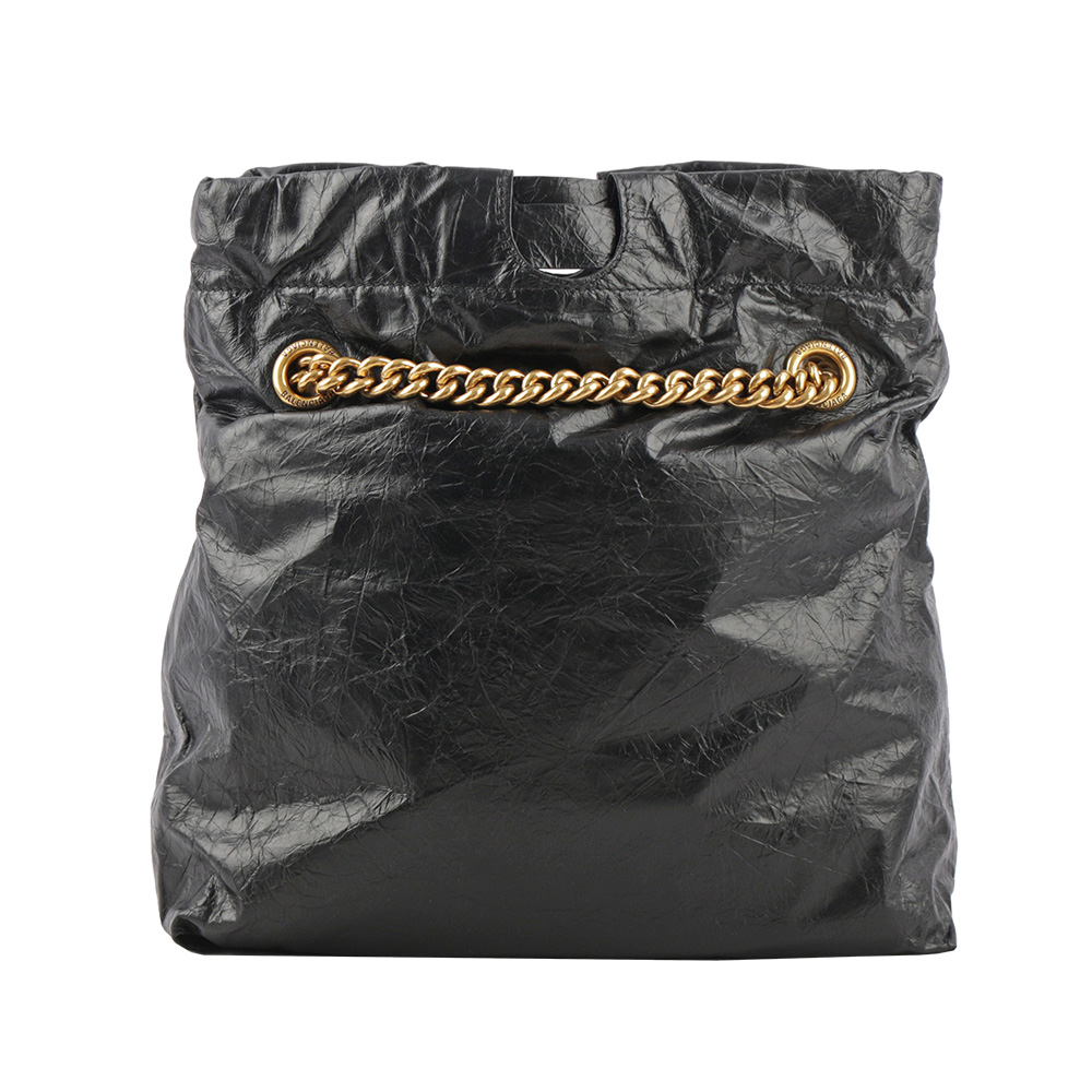 BALENCIAGA CRUSH 金鍊小牛皮小款肩背/斜背托特包/黑色, , large