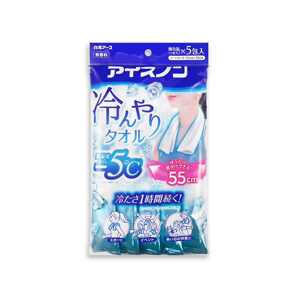 [日日好物]日本Hakugen白元-約-5°C戶外清爽消暑一次性掛脖用涼感濕巾5入/藍袋(大尺寸55X30cm冰涼巾/脖圍冷領巾便攜隨身包/拋棄式旅遊通勤運動巾), , large