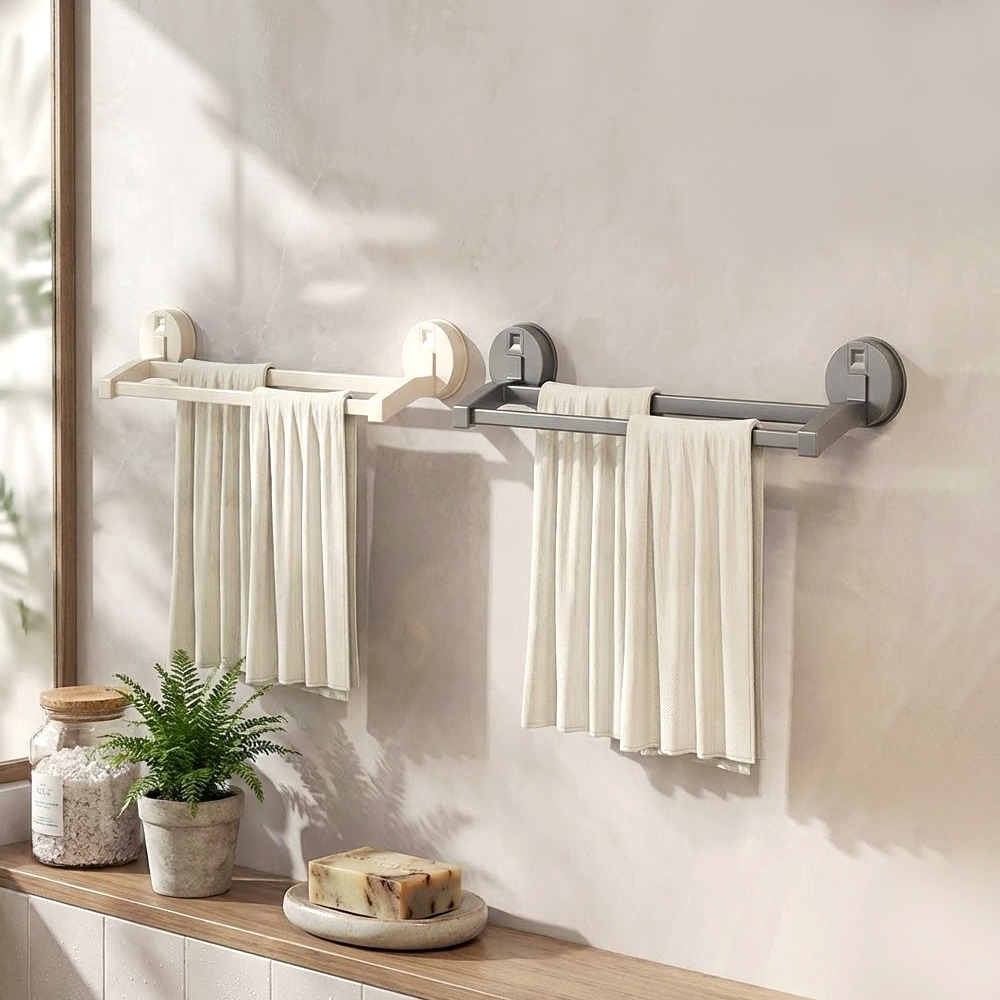 【上手家居】吸盤雙桿毛巾架-奶白色(毛巾掛架/浴巾架/浴室毛巾架/毛巾桿), , large