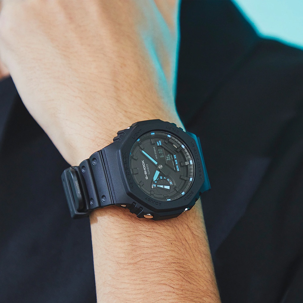 CASIO 卡西歐 G-SHOCK 霓虹藍 耐衝擊八角雙顯電子錶 GA-2100-1A2, , large