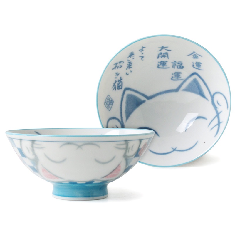 [豐名日本餐具] 5.0"雙大平碗 開運貓 青 / C05RB5-9, , large