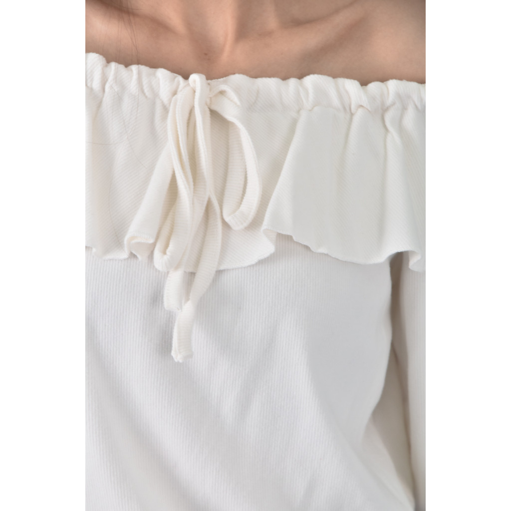 (S) 質感修身短版一字領白色長袖上衣二手衣, , large