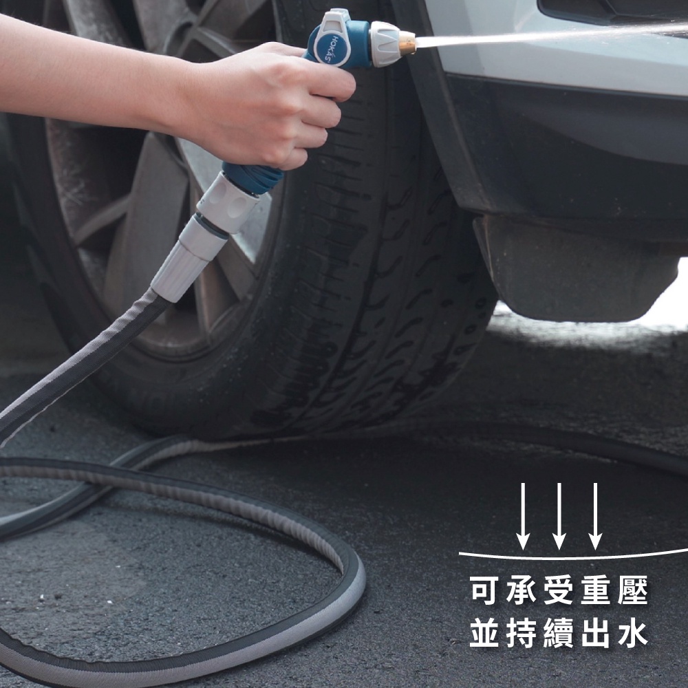 【HOKAS】7.5米專業防凹折強力水管搭配無段水槍組 含鍊條式水龍頭接頭 買整組贈水管收納掛勾, , large