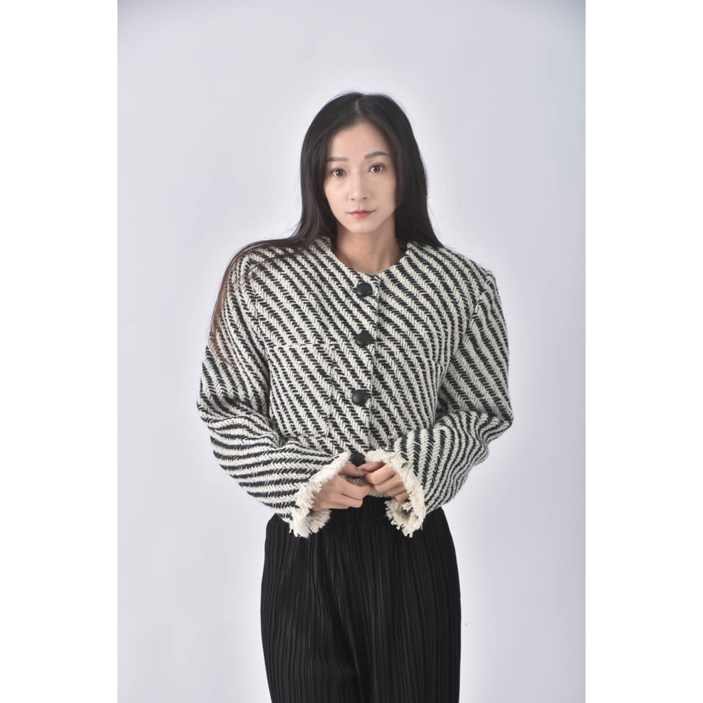 (L) mydress質感羊毛撞色黑色外套二手衣