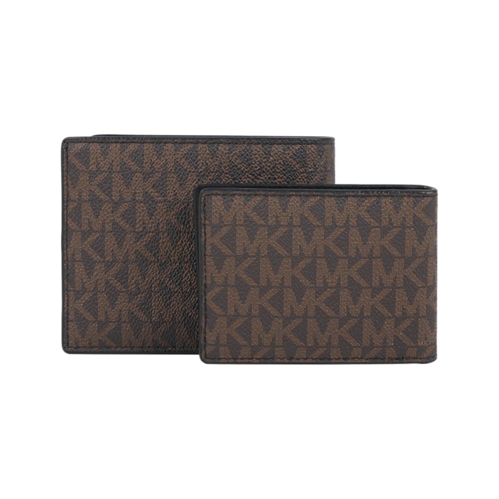 Michael Kors Cooper 銀字滿版塗層帆布附活動式卡夾對開短夾(咖啡色), , large