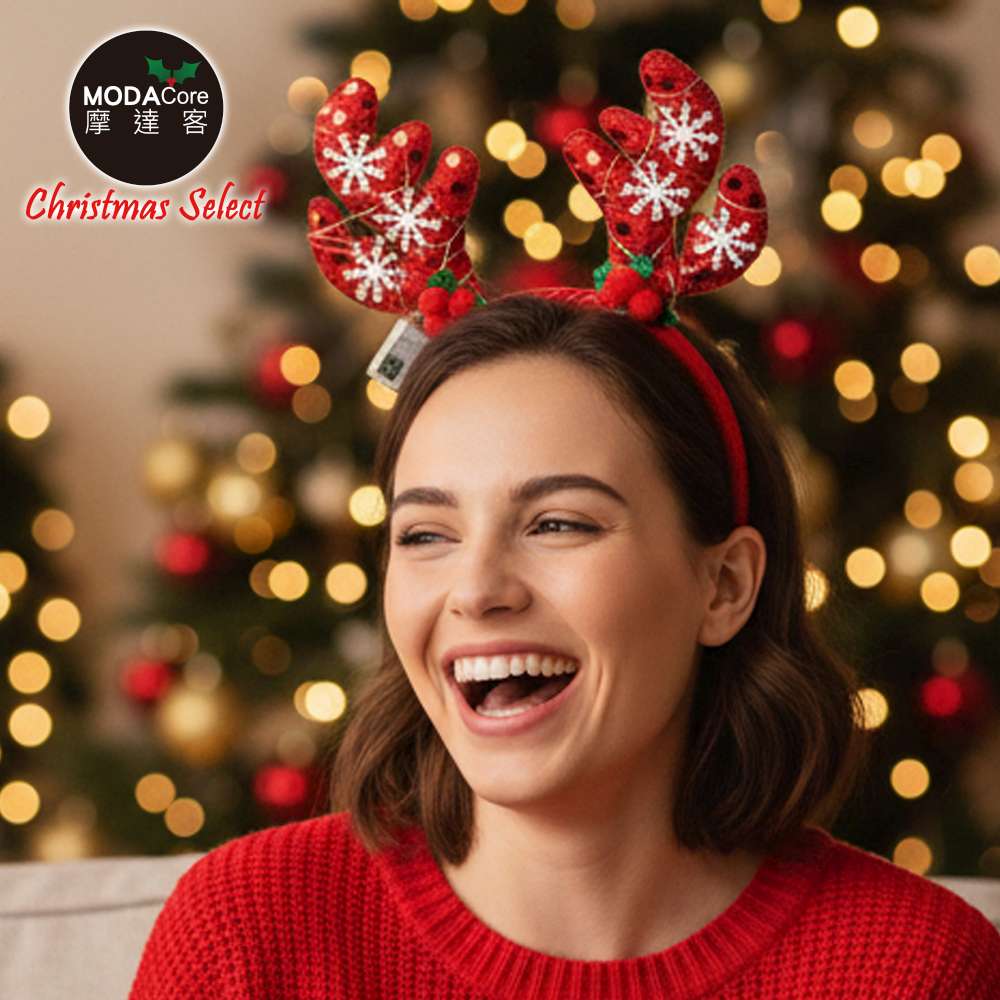 摩達客-聖誕雪花片鹿角髮箍紅色款+LED燈彩光-耶誕派對交換禮物