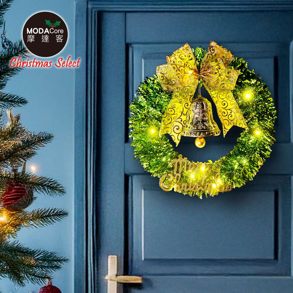 摩達客14吋時尚果綠系金蔥彎絲聖誕花圈+20燈LED暖白光燈串_本島免運費, , large