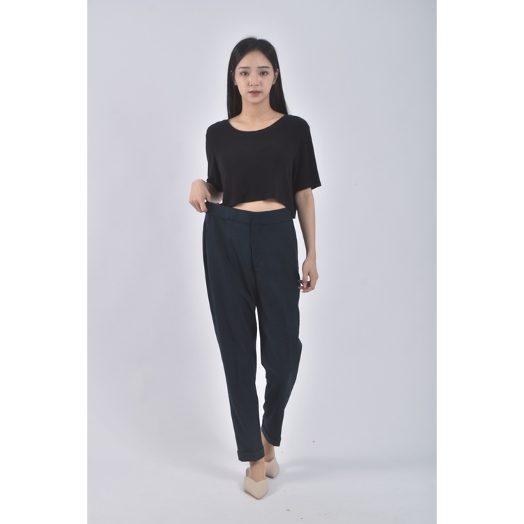 (L) 高腰棉質反摺綠色長褲二手衣, , large