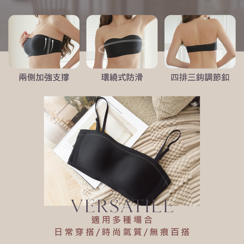 【伊柔 EVEROY】輕穩肌密 防滑穩定平口無肩帶無鋼圈M-XL內衣 黑色 W052-63  , , large