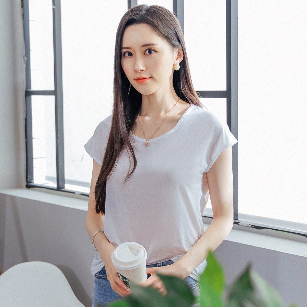 【NEONER】彈性顯瘦修身超細涼感絲包袖圓領T恤-白, , large
