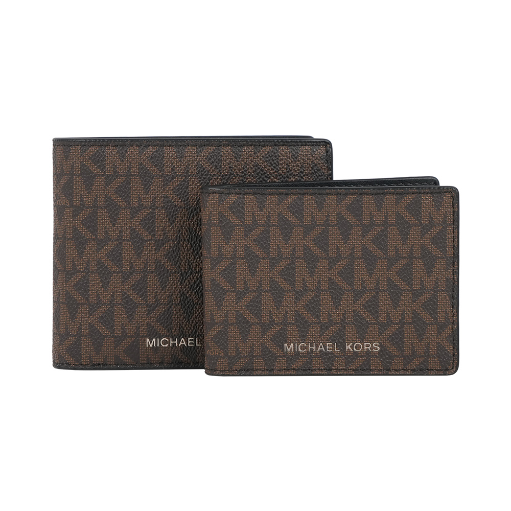 Michael Kors Cooper 銀字滿版塗層帆布附活動式卡夾對開短夾(咖啡色), , large