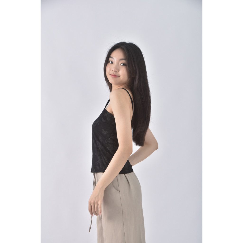 (S) 吊帶棉質無袖圖案黑色上衣二手衣, , large