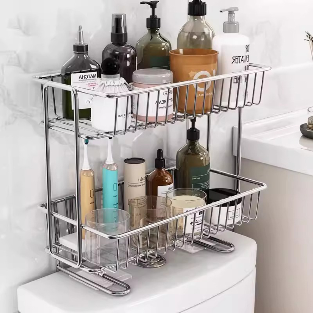 Double-layer, no-drill 304 stainless steel toilet top shelf with back clearance storage, bathroom wall-mounted storage rack., , large