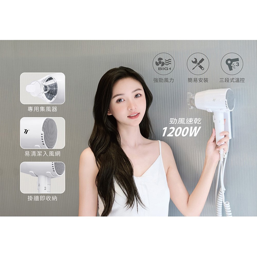 TASHIN Wall-Mounted Hair Dryer (Button Switch) TS-1899P, , large