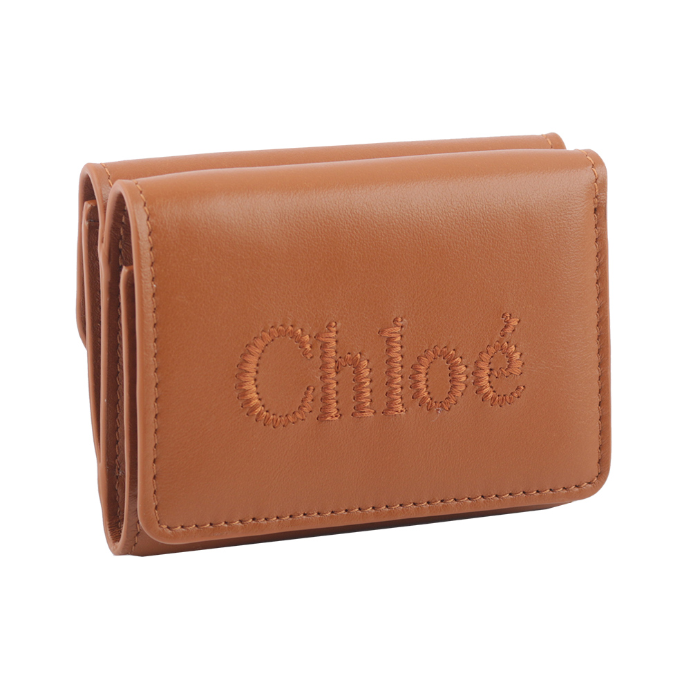CHLOE' Sense 刺繡標誌小款三折短夾/焦糖色, , large