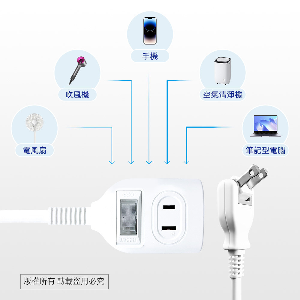 Practical Plate 1 Open 2 Insert 9 Feet 2P Extension Cord 2.7 Meters PNA212-9 Fireproof PC Material Independent Switch Design Energy Saving and Safety, , large
