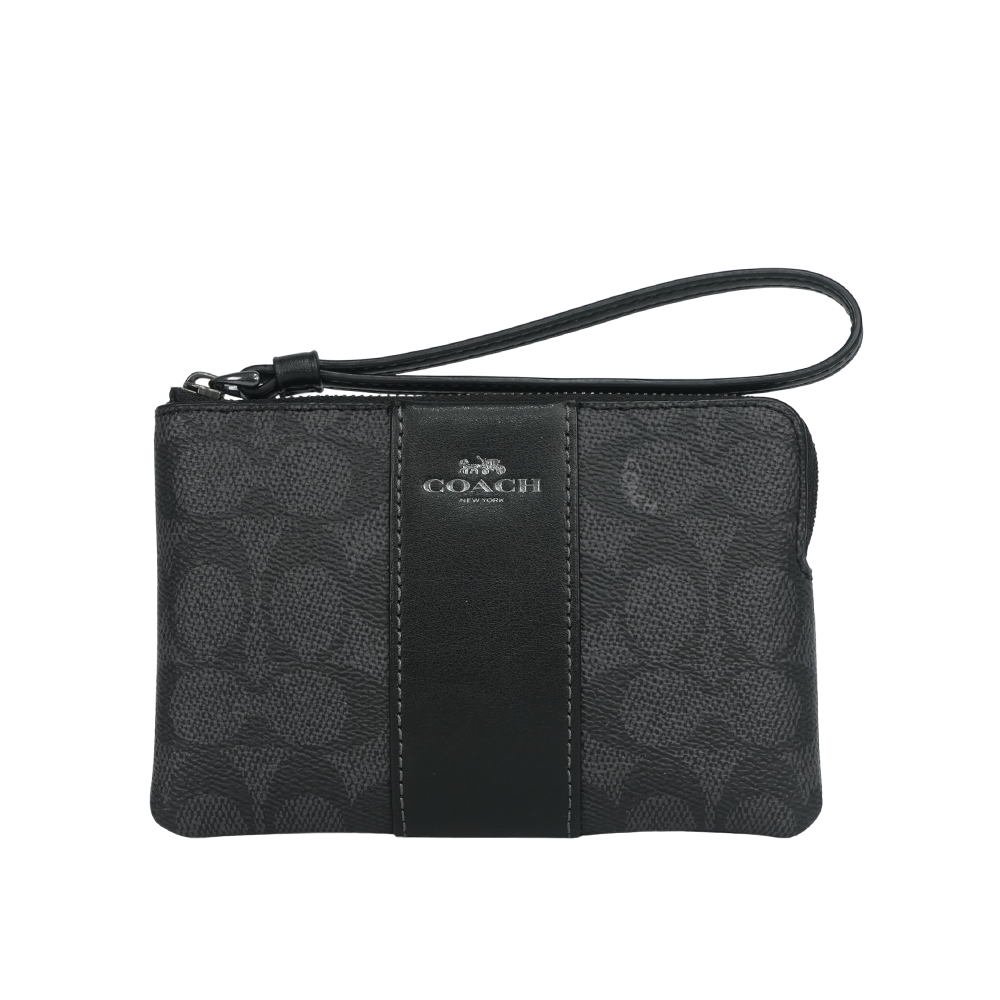 COACH 塗層帆布及皮革L 型拉鍊手拿包/炭灰色/黑色, , large