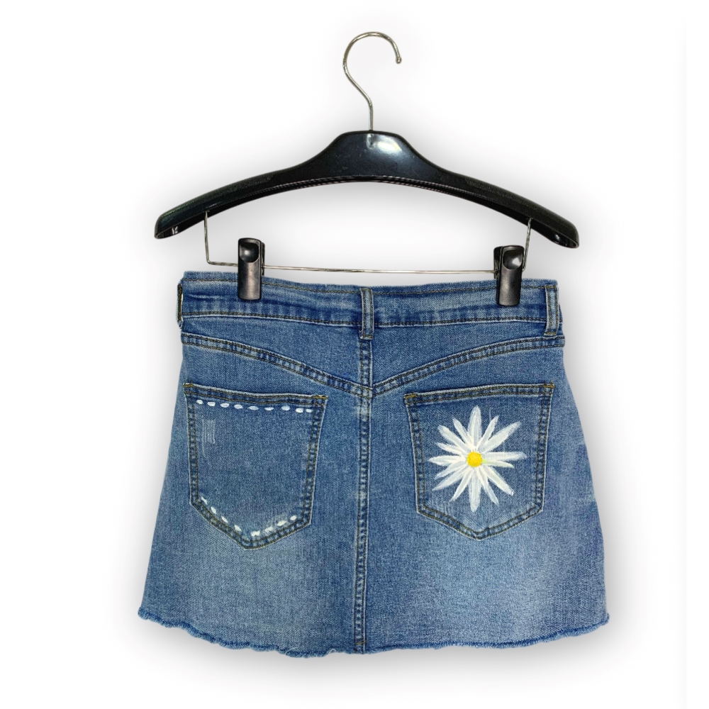 Daisy hand-painted pocket denim skirt light blue, , large