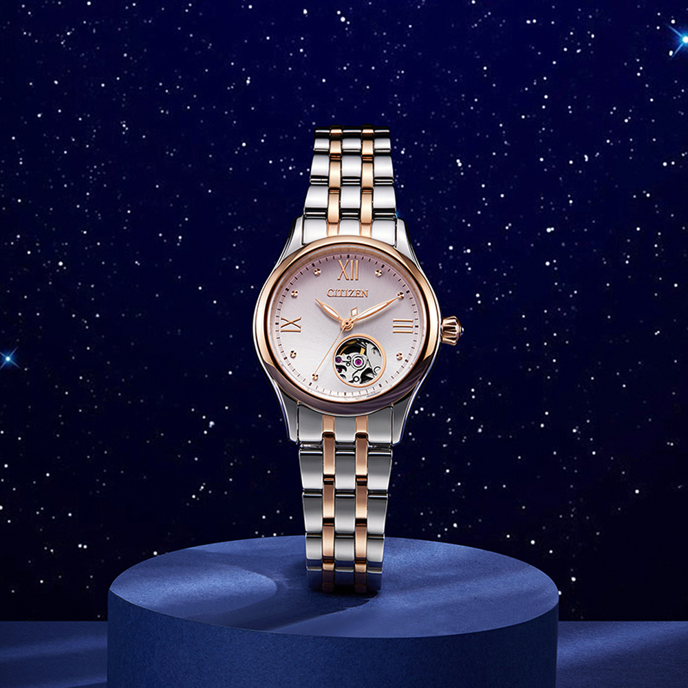 CITIZEN 星辰 小鏤空優雅機械女錶-銀x玫瑰金/28.5mm PR1044-87X, , large