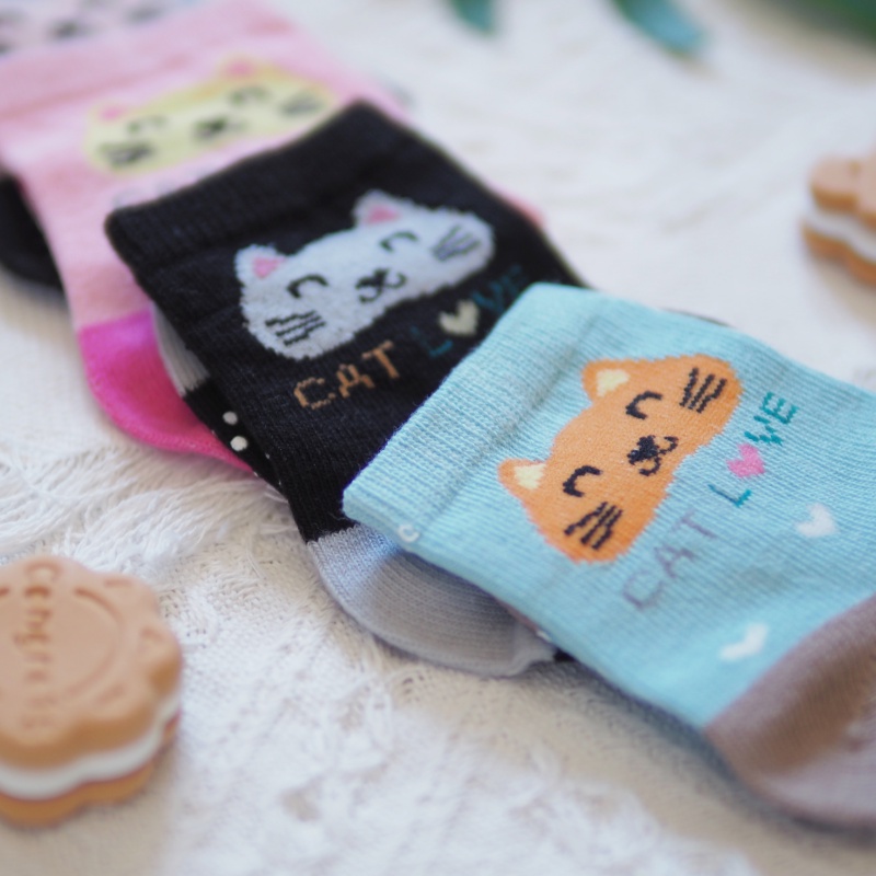 [Kaimei Cotton Industry] 10 pairs set, random and excellent, MIT made in Taiwan, pure cotton anti-slip children's socks, cute cat style, 13-16cm, , large