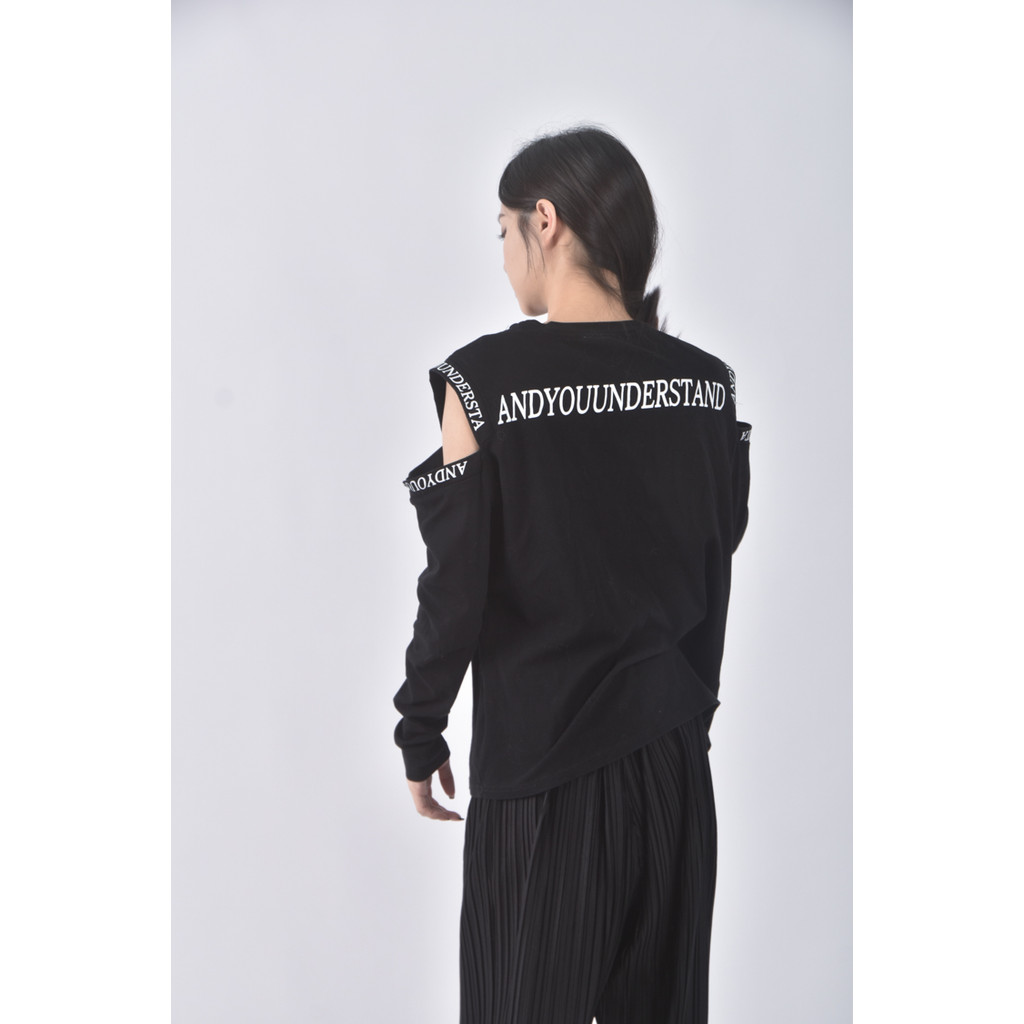 (M) ai yi zhuang質感挖肩字母黑色長袖上衣二手衣, , large