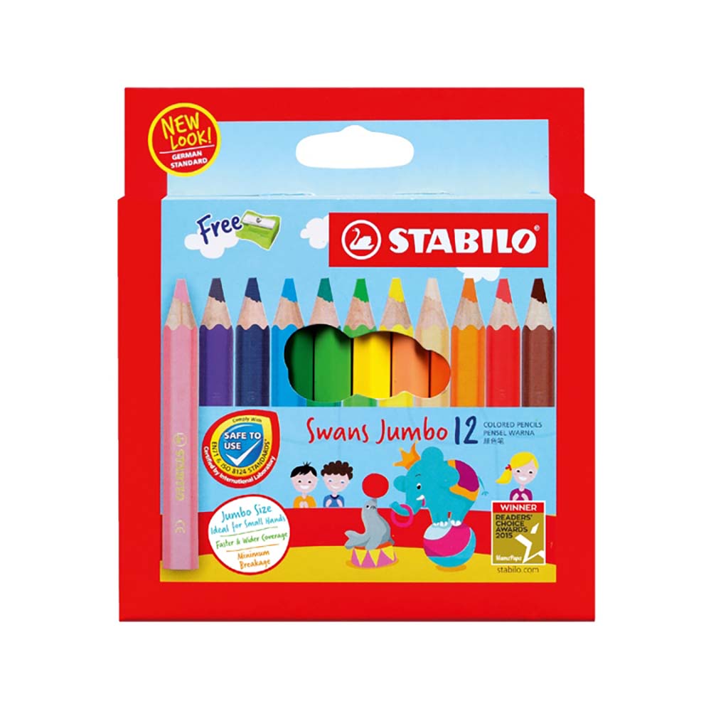 STABILO 德國 思筆樂 Swans Jumbo 特大油性色鉛筆 短版 紙盒 12色組 / 盒 ST1873J, , large