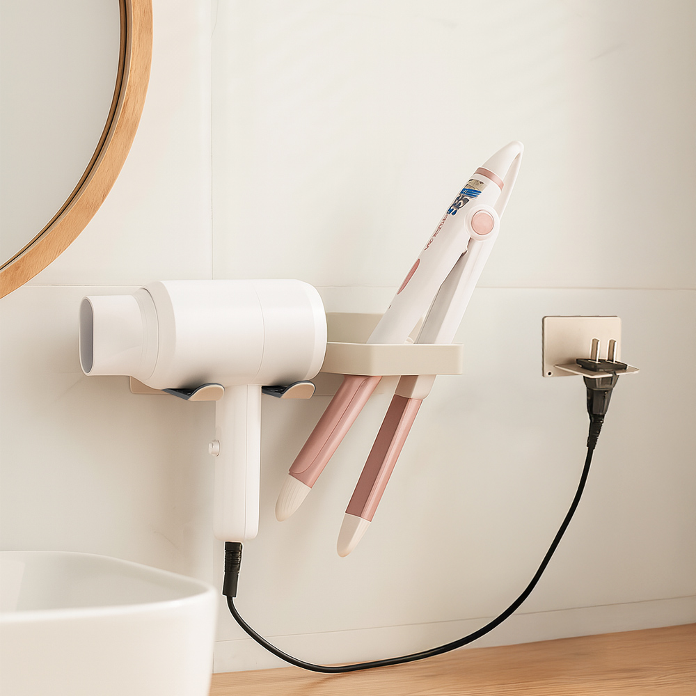 【上手家居】雙槽吹風機架 奶灰色(吹風機支架/離子夾架/吹風機收納/吹風機掛架), , large