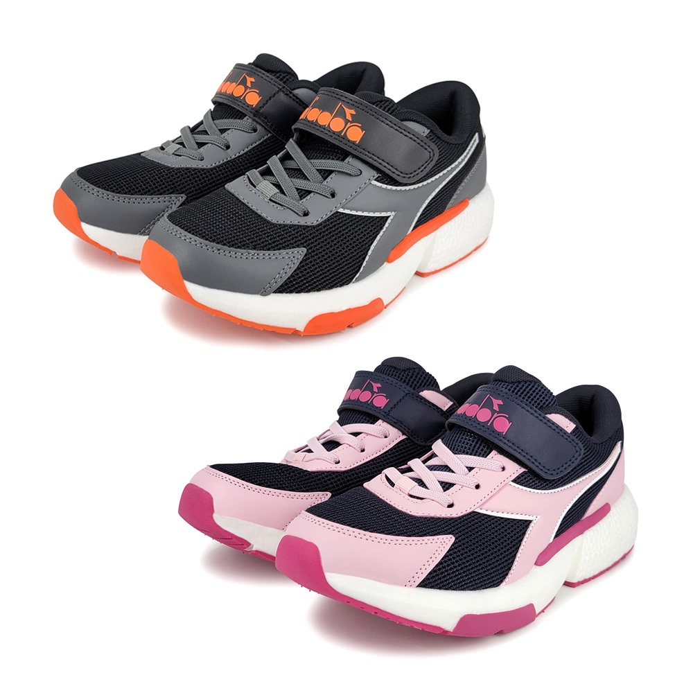 DIADORA迪亞多那 大童輕量跑鞋 童運動鞋 魔鬼氈 寬楦 保護後跟 輕量 吸震 減壓 抗菌 除臭 防滑 黑灰 藍粉, , large