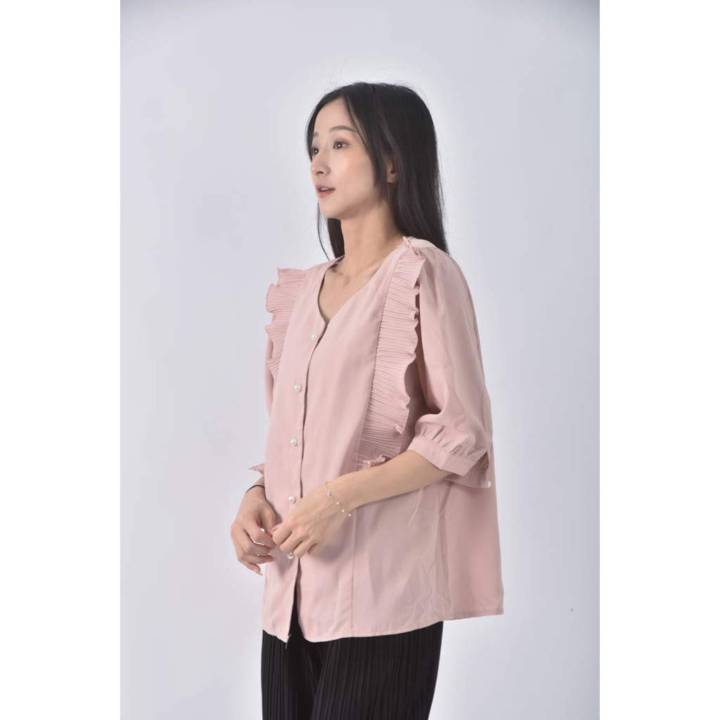 (L) neon韓牌質感棉質花邊粉色長袖上衣二手衣, , large