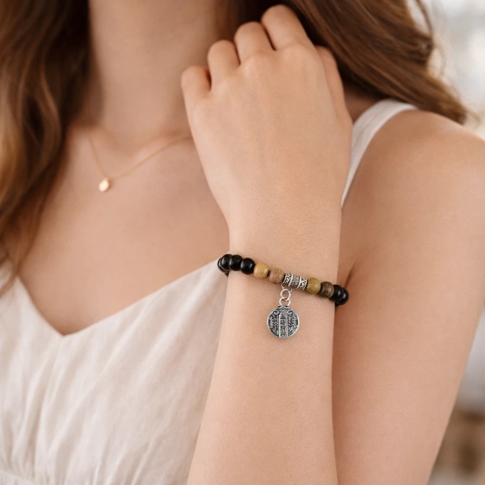 【A&R】招財轉運 S925純銀天然黑曜石+綠檀五路財神手鍊 8mm附禮盒, , large