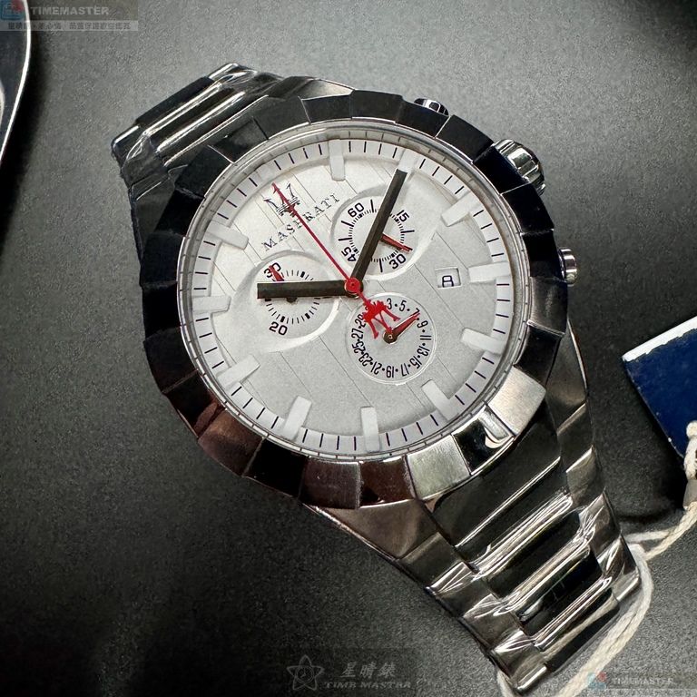 [星晴錶業]MASERATI手錶,44mm,R8873603001白色錶面銀錶殼銀色精鋼錶帶款, , large