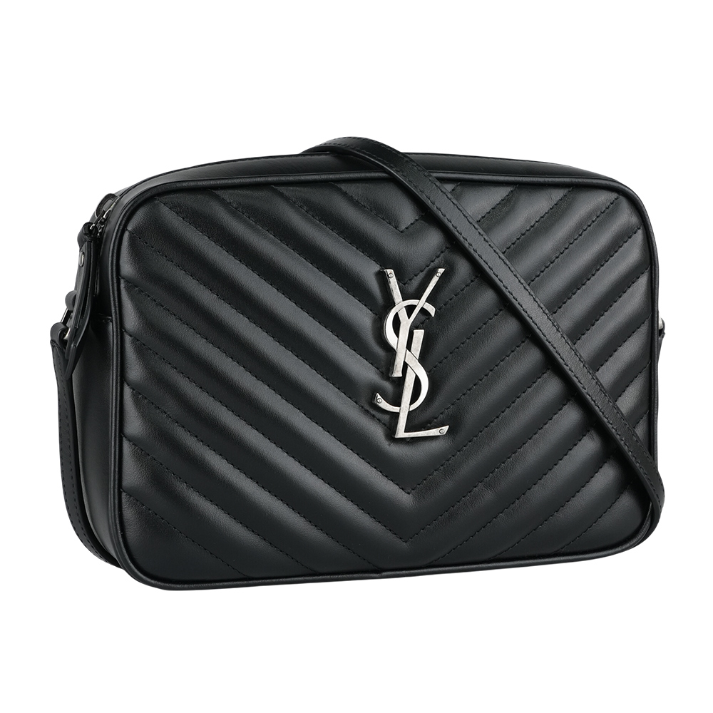 YSL Lou 銀字V紋小牛皮相機包/斜背包/黑色, , large