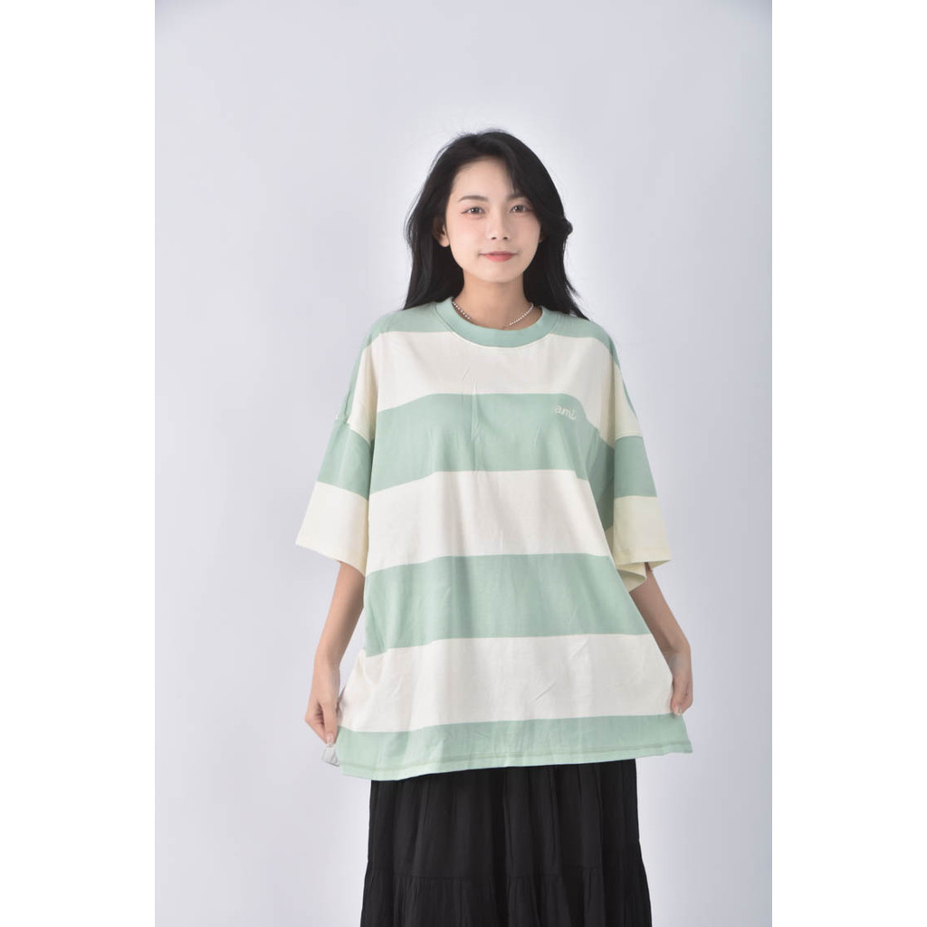 (2XL) alexandra mattiussi棉質純棉條紋綠色短袖上衣二手衣, , large