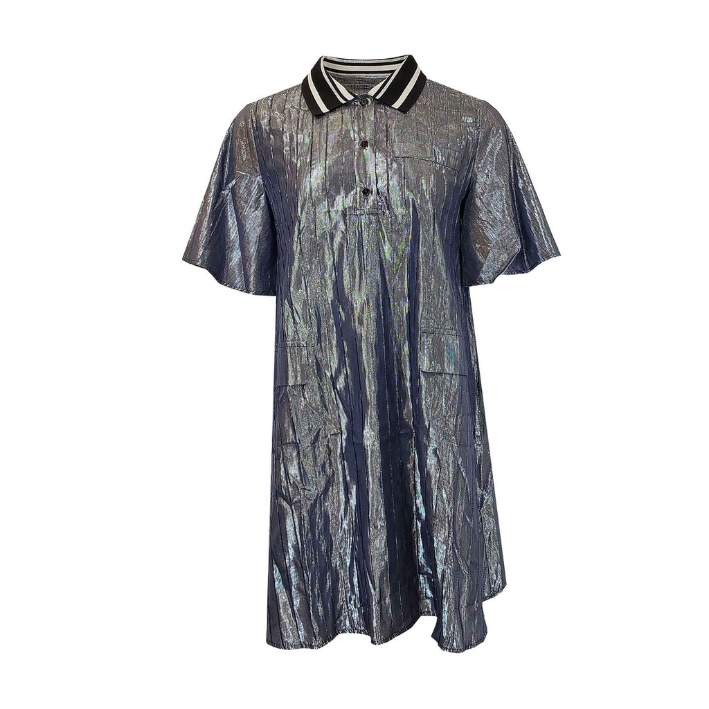 YLZ銀色POLO領寬袖洋裝, , large